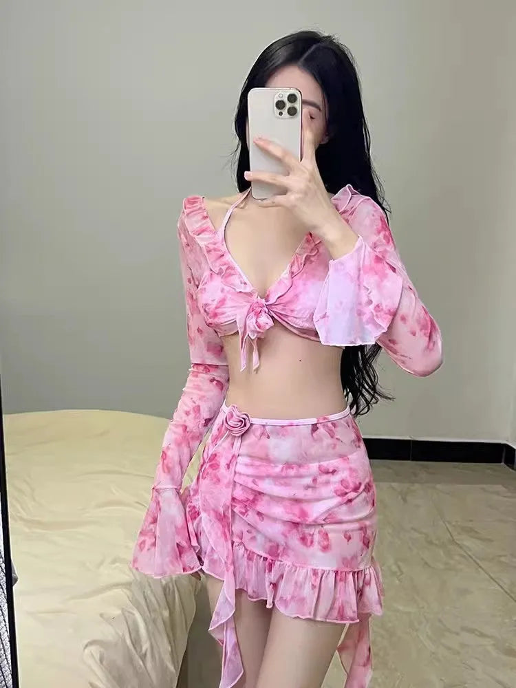 Women's cherry blossom pink floral bikini set for beach and hot spring swimming