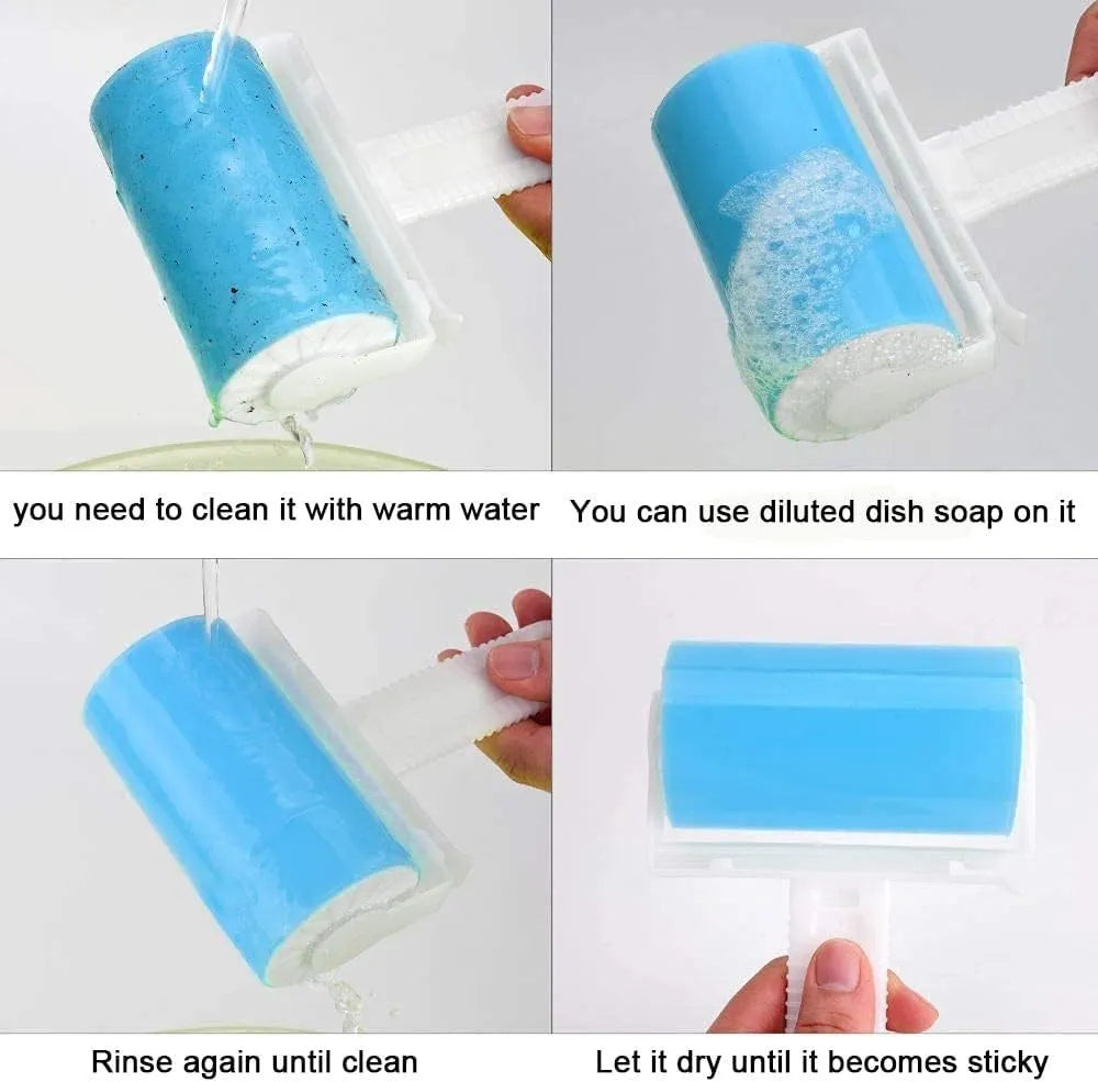 Blue washable reusable lint roller with protective cover for pet hair removal