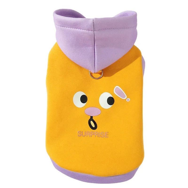 Autumn winter dog hoodie with cute cartoon bear design, blue and yellow, sizes XS to XXL for small to medium pets