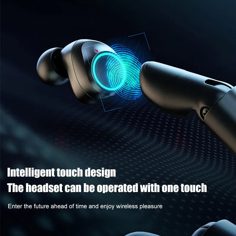 Black Bluetooth gaming headset with earplug design next to its plastic charging case