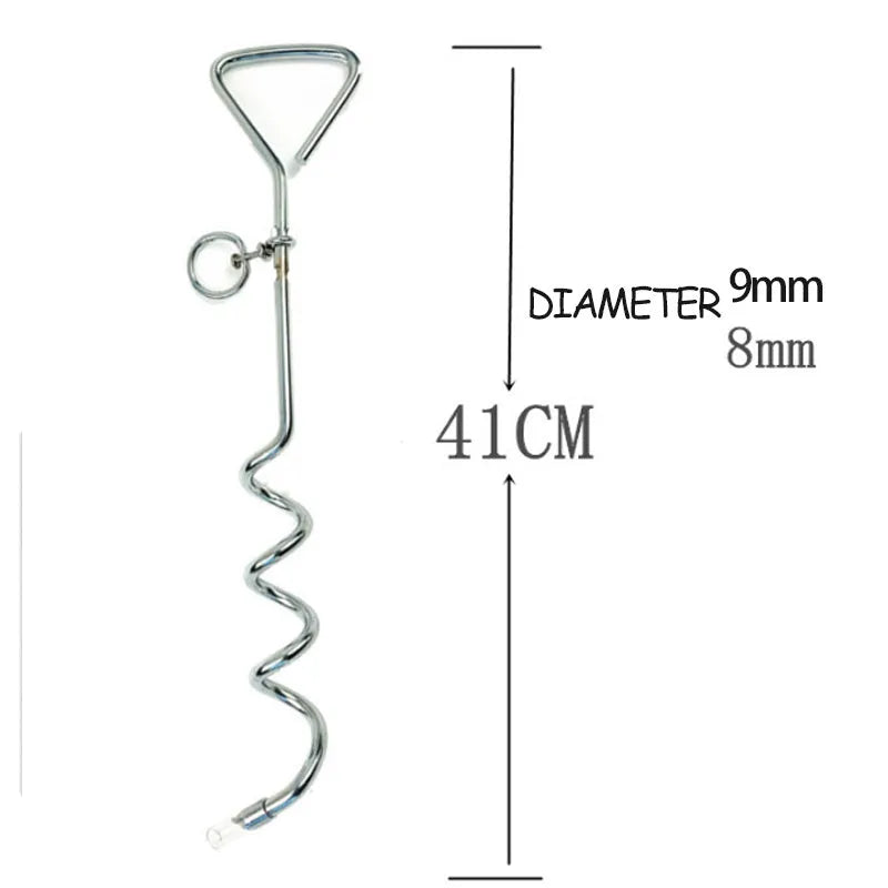 Silver spiral dog tie out stake made of steel for secure outdoor tethering in gardens and campsites