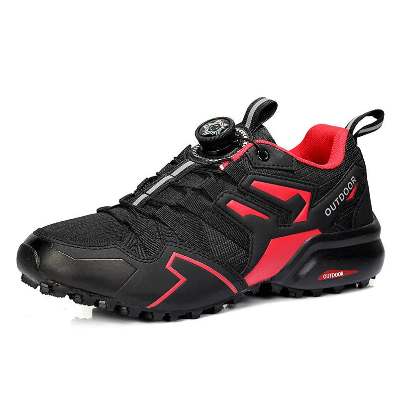 Men's beige off-road hiking shoes with elastic band closure and natural rubber outsole.