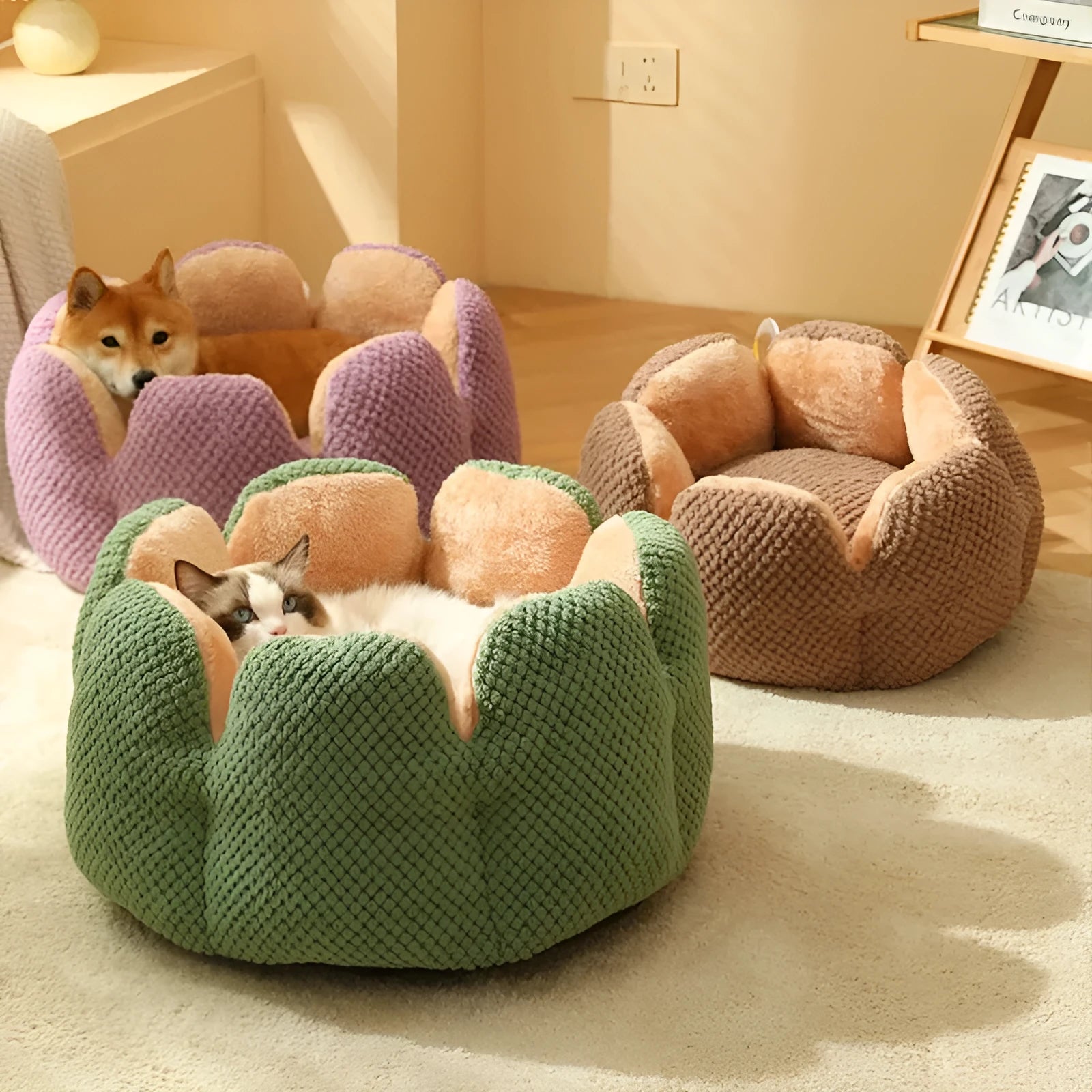 Green cactus petal shape pet kennel bed with soft plush material and non-slip bottom