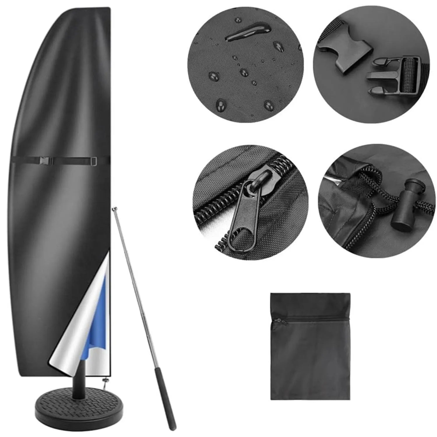 Black waterproof banana-shaped Oxford cloth cover for an offset patio umbrella.