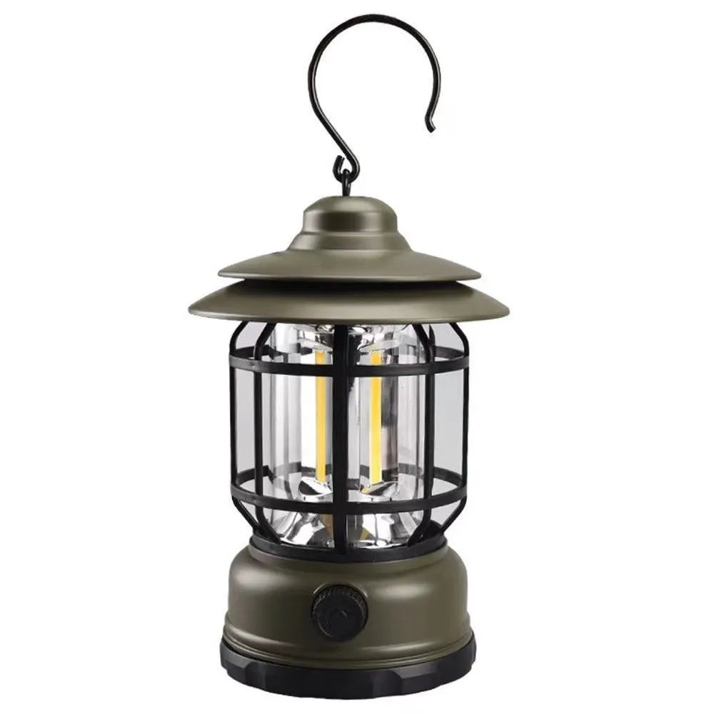 Portable camping lantern in dark green, black, or red colours showing compact 16.6cm size with battery or rechargeable power options