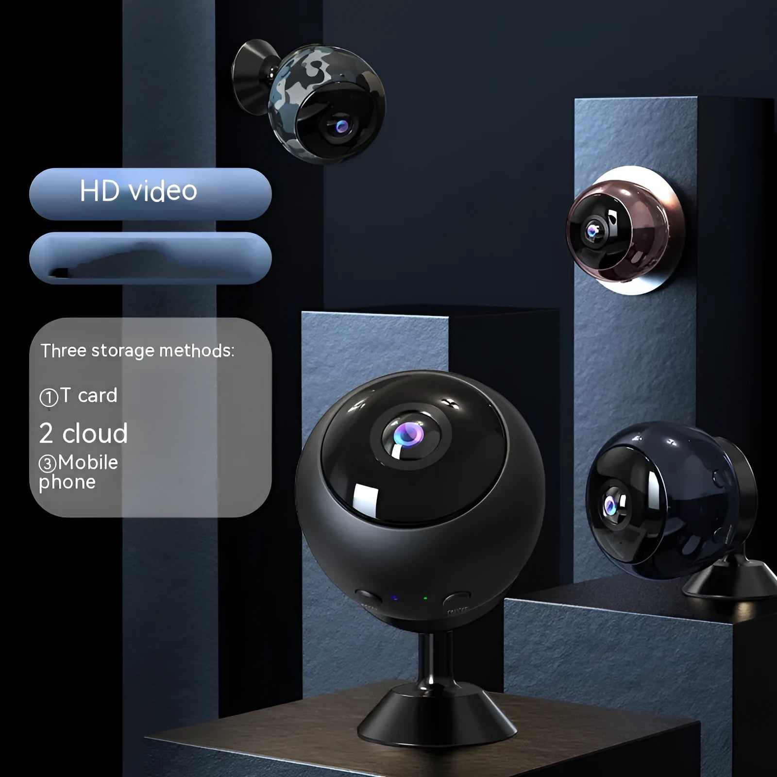 1080p wireless WiFi surveillance camera with ABS housing and USB cable for indoor security monitoring