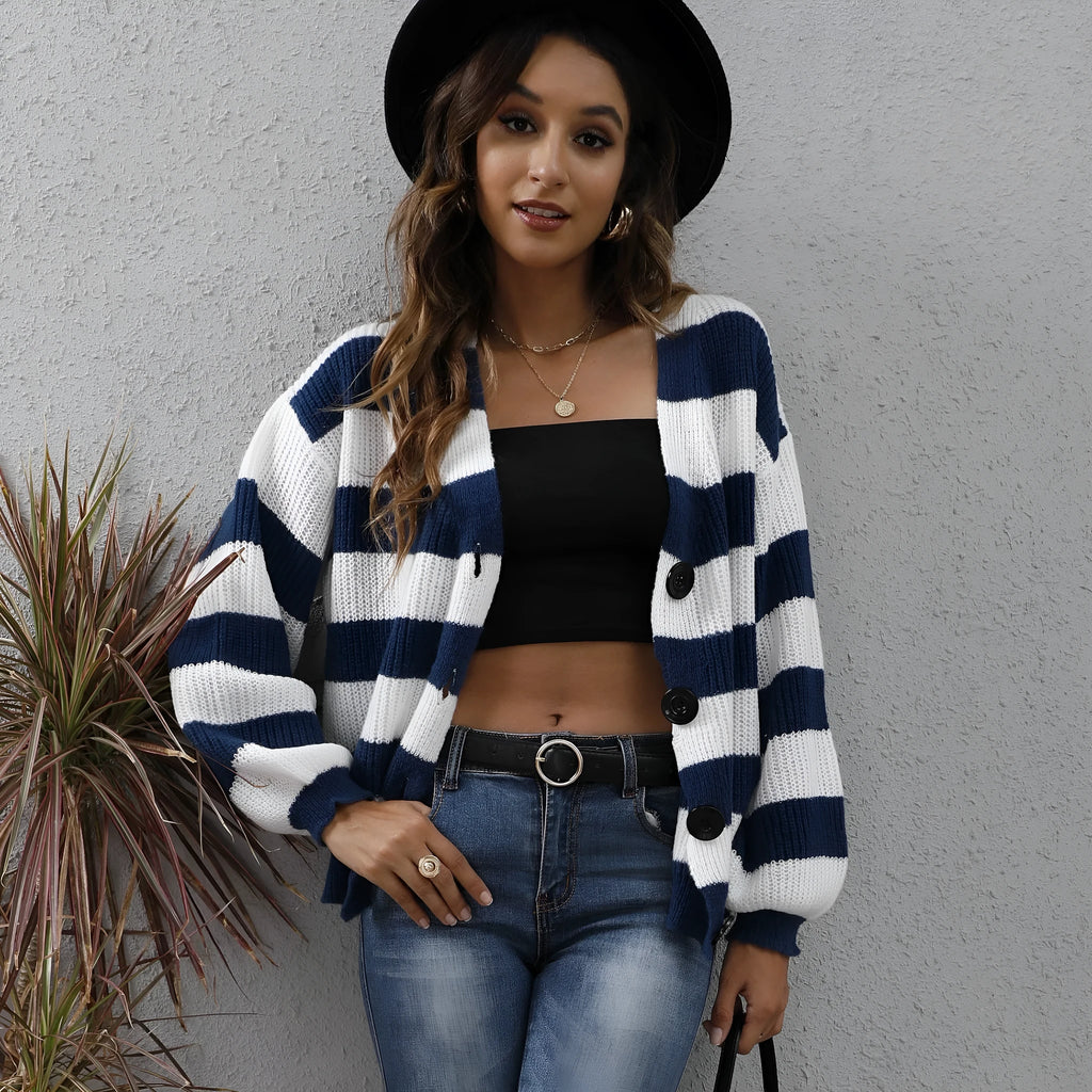 Women's striped deer plush cardigan in blue, black, brown, or dark green with button front