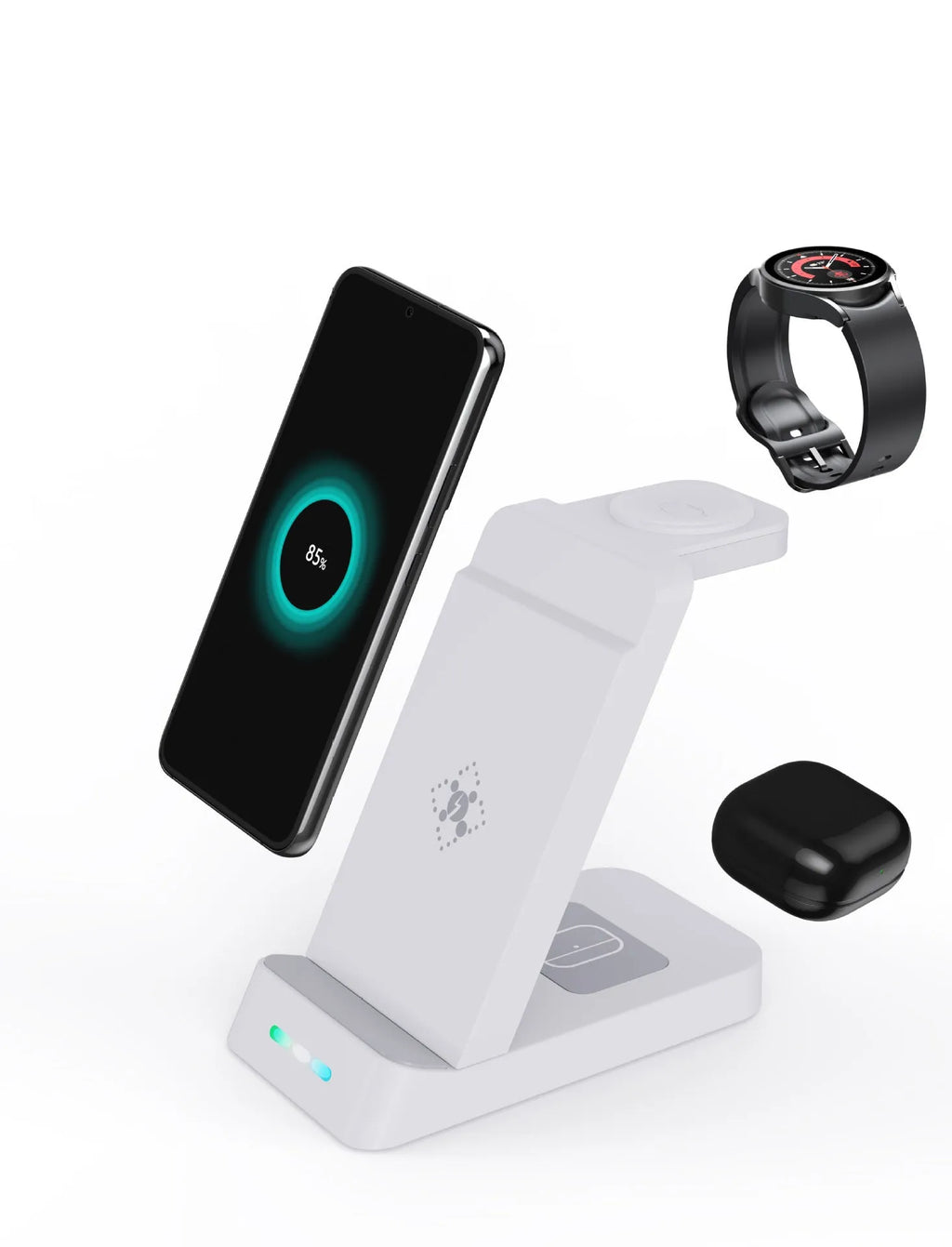 Black and white 65W three-in-one wireless charging station for phone, AirPods, and Apple Watch on a desk.