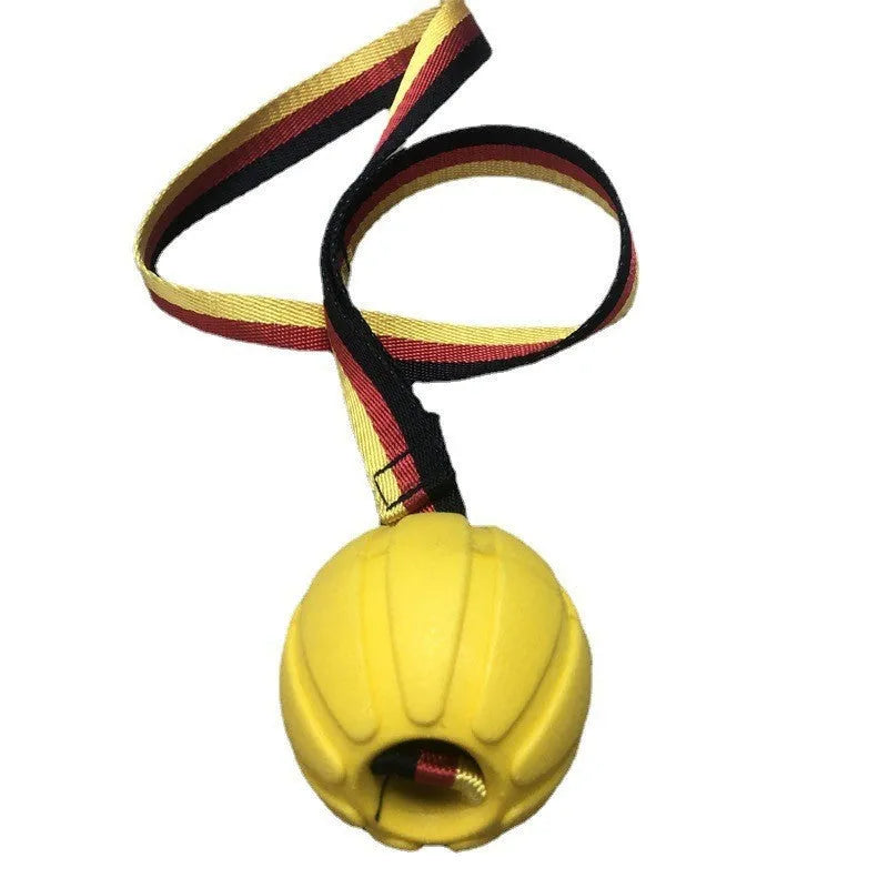 Floating water bite-resistant pet training ball in camouflage and yellow colours showing three size options
