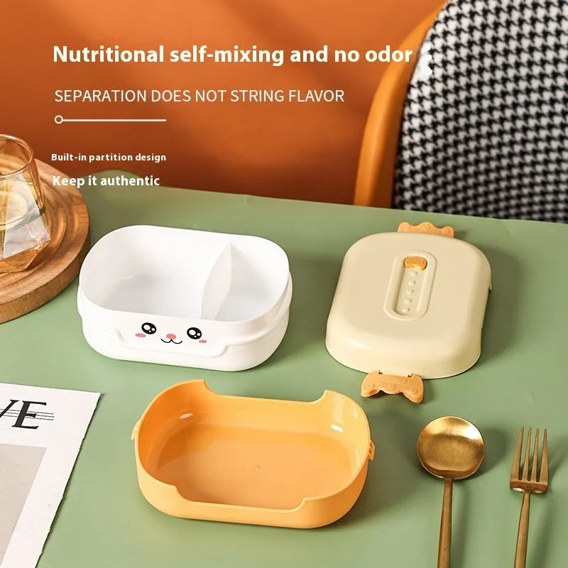 Square plastic divided lunch box with cartoon styling and microwave compatibility