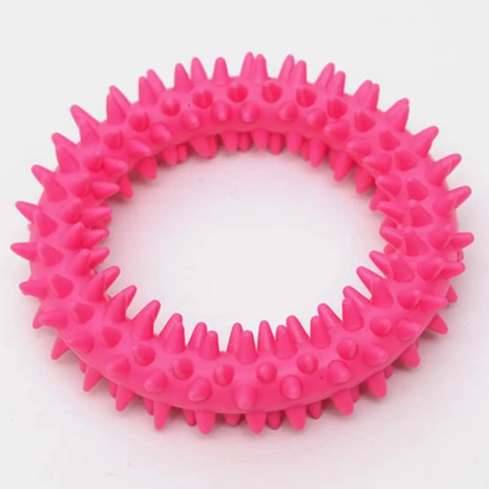 Blue TPR spiky circle ring dog chew toy for dental cleaning on a white background.