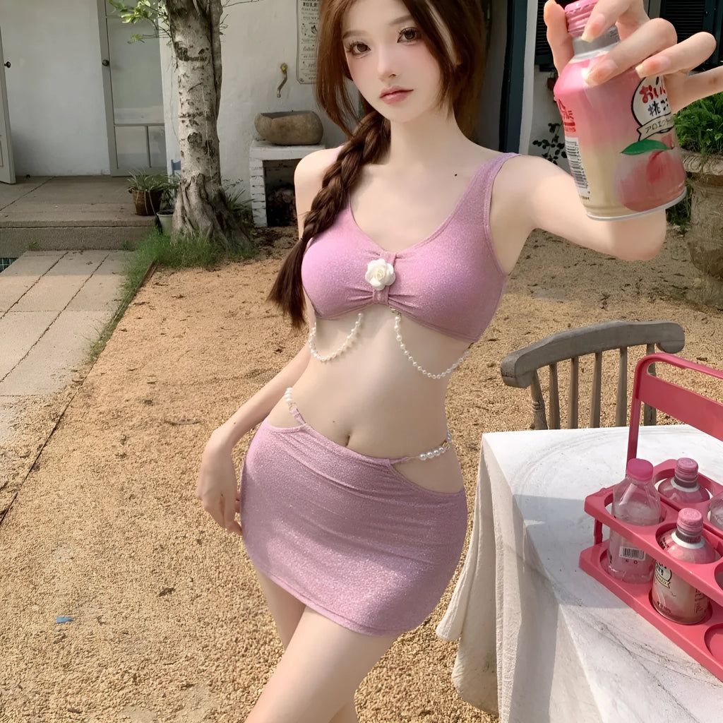 Pink and black three-piece polyester bikini set with briefs styling for swimming
