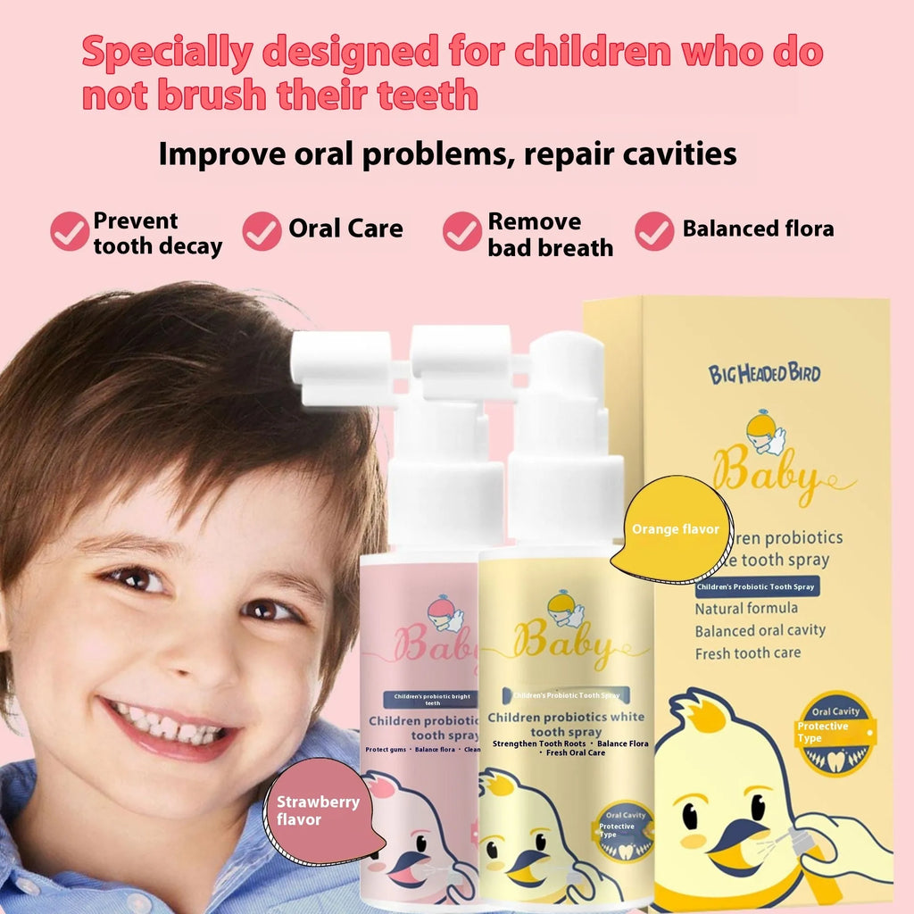Children's probiotic teeth whitening spray bottle in strawberry and orange flavours