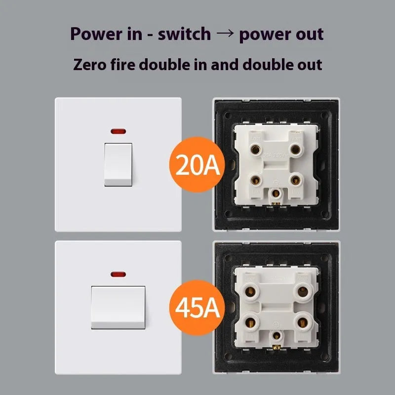 Gold, gray, or white 25A 45A 3-pole high-current electrical switch with light panel for appliances.