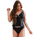 Black solid colour sleeveless one-piece swimsuit for women on a hanger.