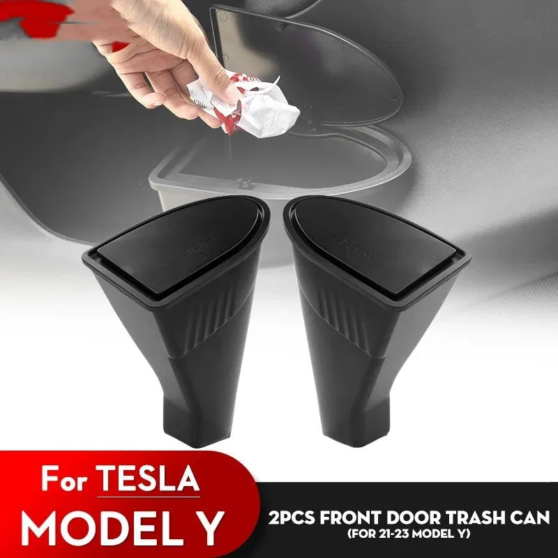 Two black ABS plastic trash cans for Tesla Model Y front door pockets.