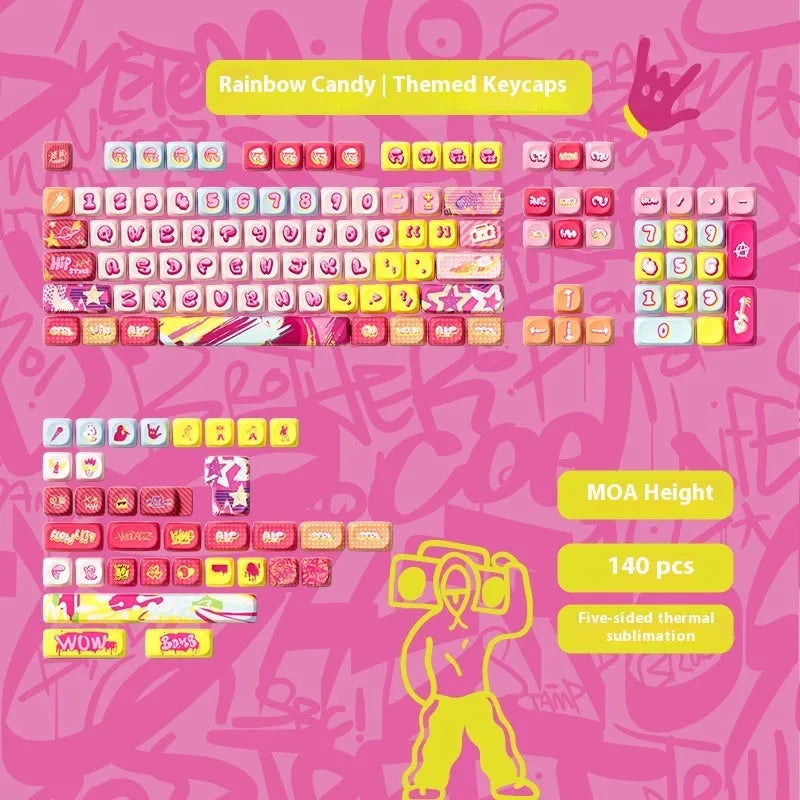 Full set of colourful cartoon pig and anime-themed mechanical keyboard keycaps with sublimation printing on a black background.