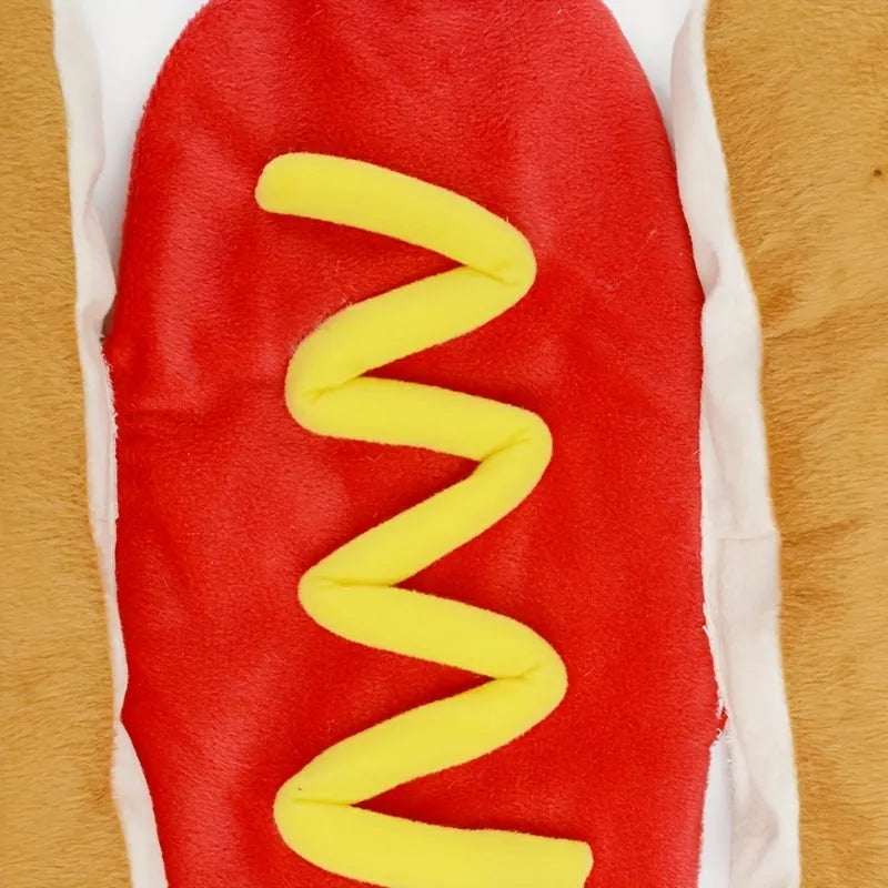 A dog wearing a stuffed polycotton hot dog costume suit for parties.