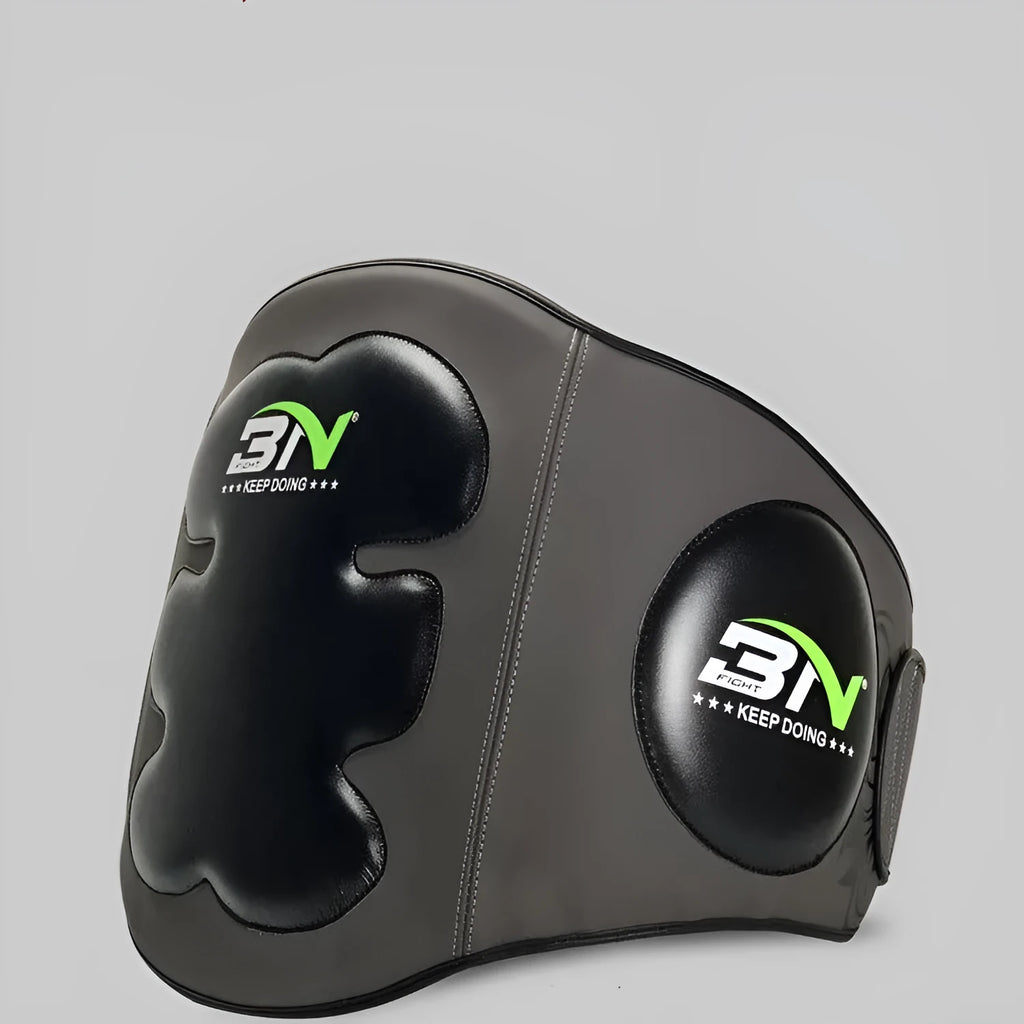 Sanda boxing chest protector target in dark grey colour showing waist protection design for martial arts training