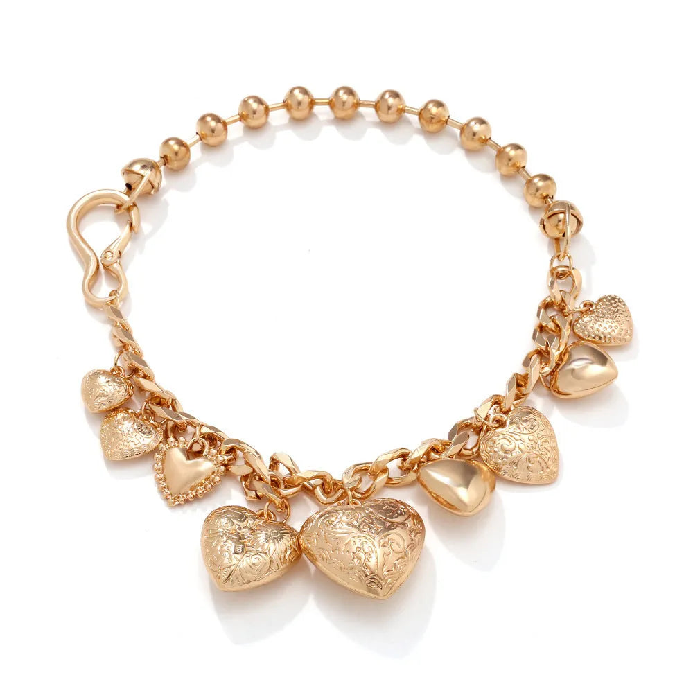 Gold and white K carved heart pendant necklace on alloy chain with adjustable length