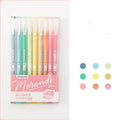 Set of nine solid colour gel pens with 0.5mm needle tips in retro Japanese-style packaging