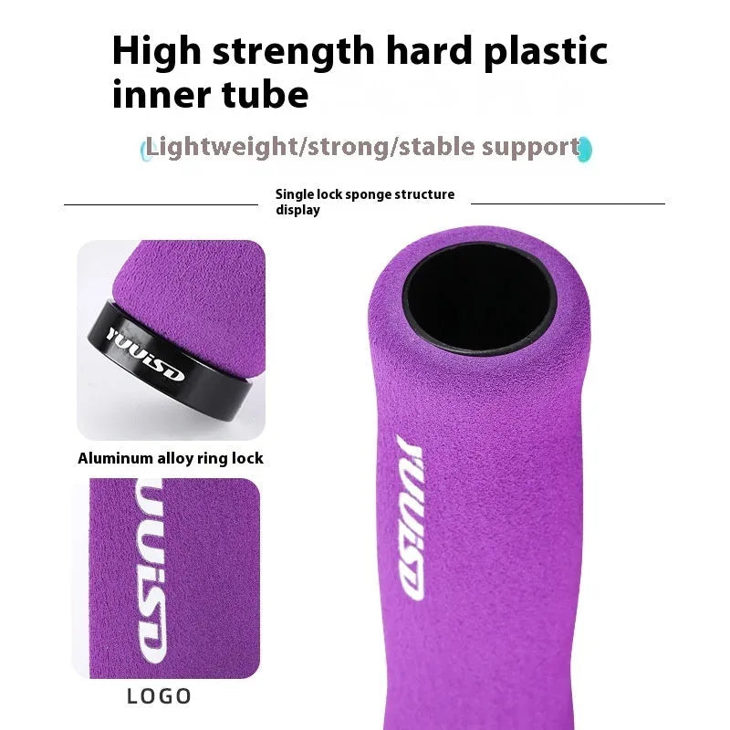 Pair of ultra-light 41g soft sponge mountain bike handlebar grips with lock design in black, purple, and biange colours.