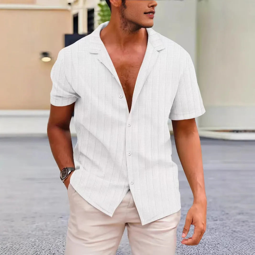 British style corduroy short sleeve shirt in solid colours on a hanger