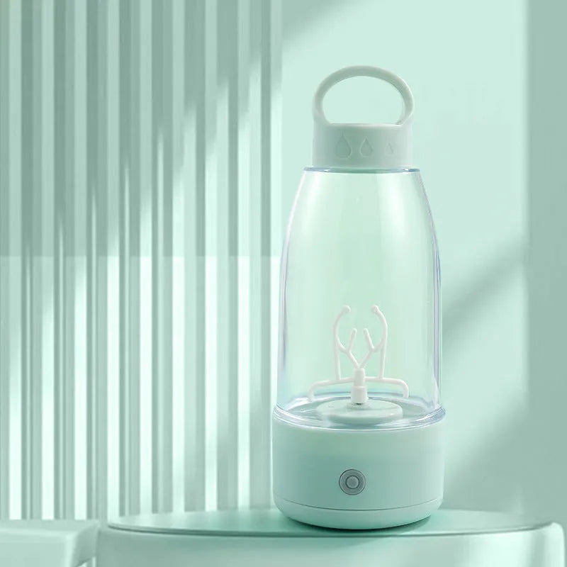 Automatic electric shaker bottle with handle, USB charging port, in green, pink, or white colour options.