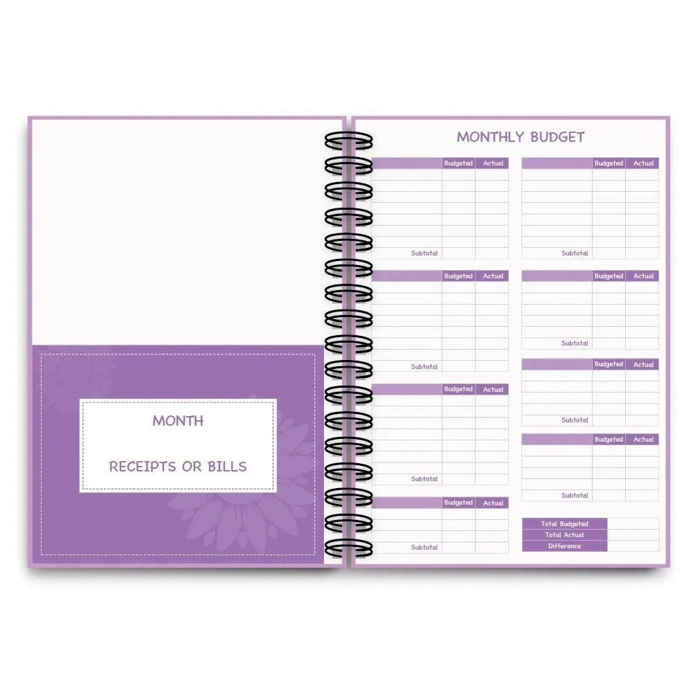 Purple coil-bound budget planning notebook with pen, stickers, and paper clips for financial organisation