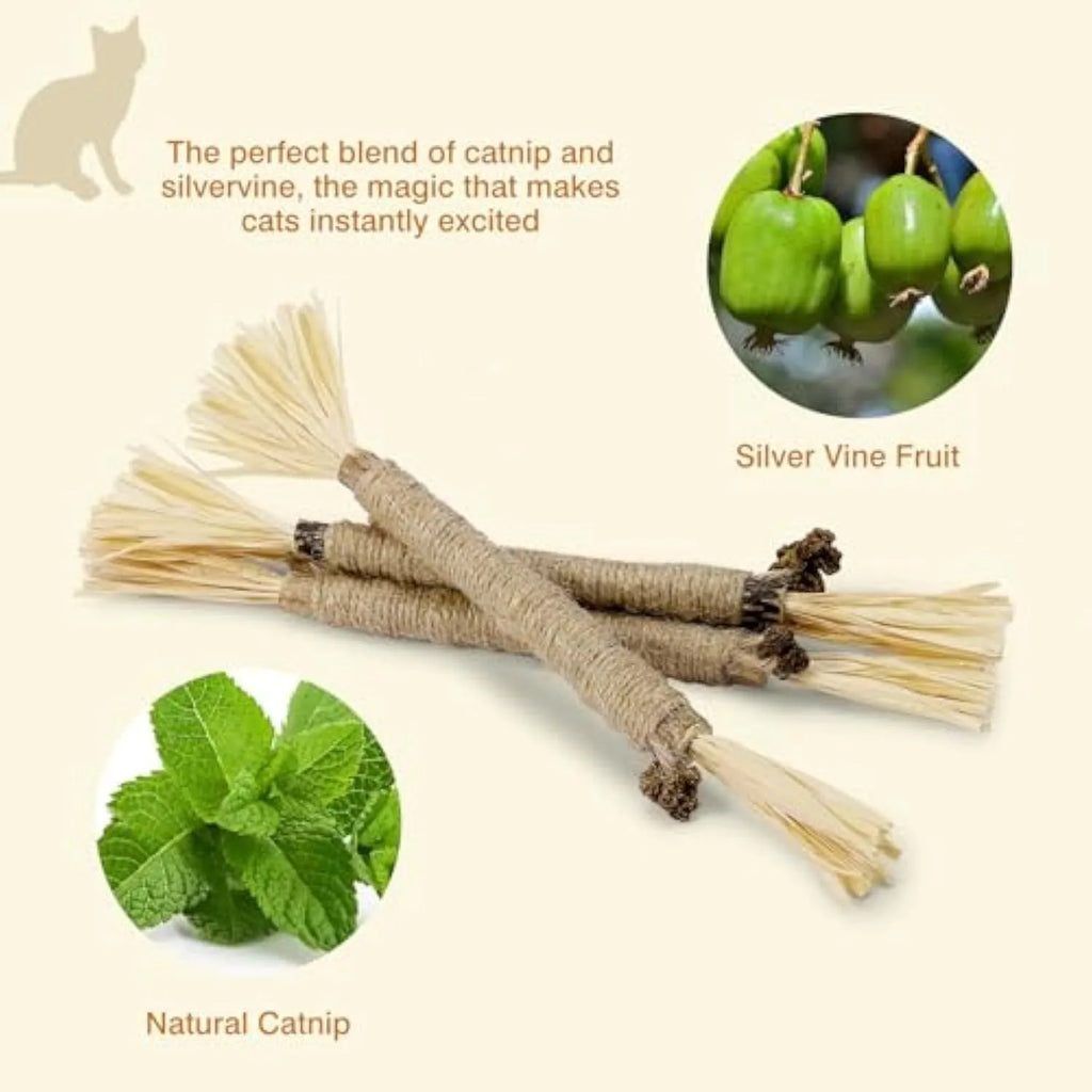 Pack of natural silvervine chew sticks for cats on a wooden surface, showing fine and thick diameter options.