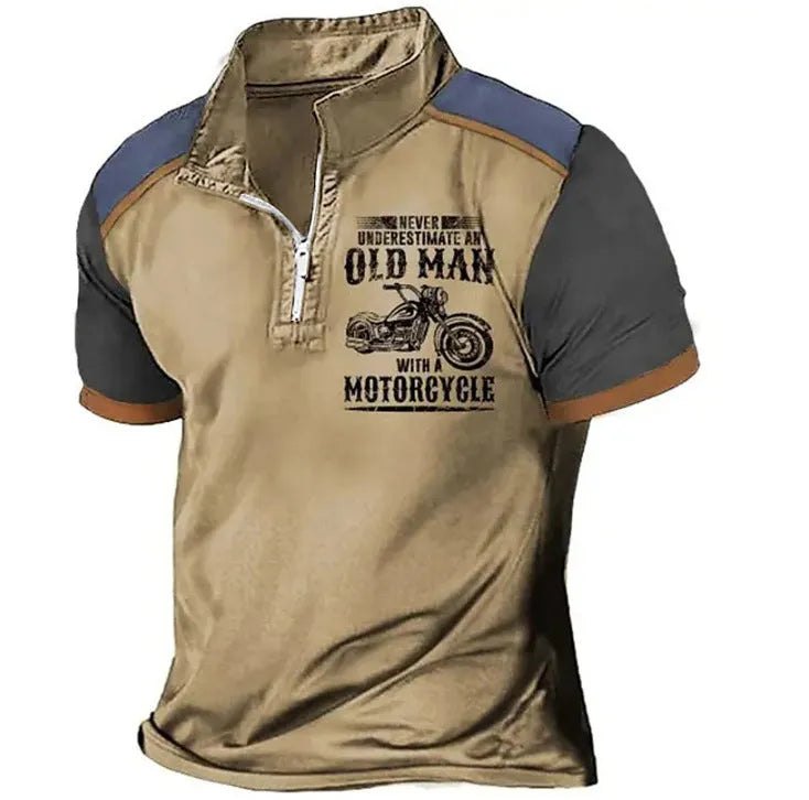 Men's lapel collar polo shirt with digital letter pattern print and zip decorations