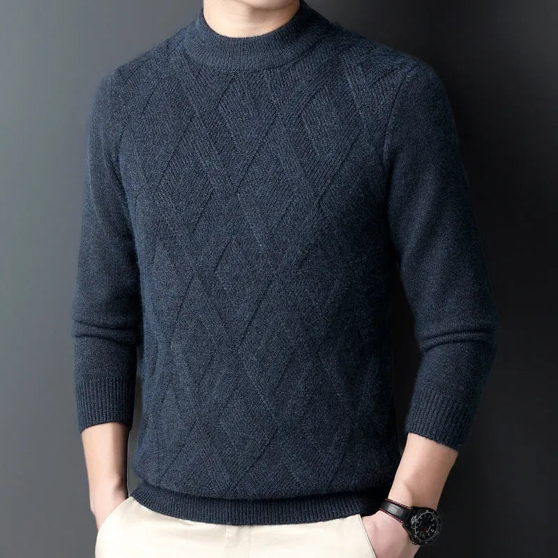 Men's diamond jacquard winter thermal sweater in wool blend fabric shown in light camel colour