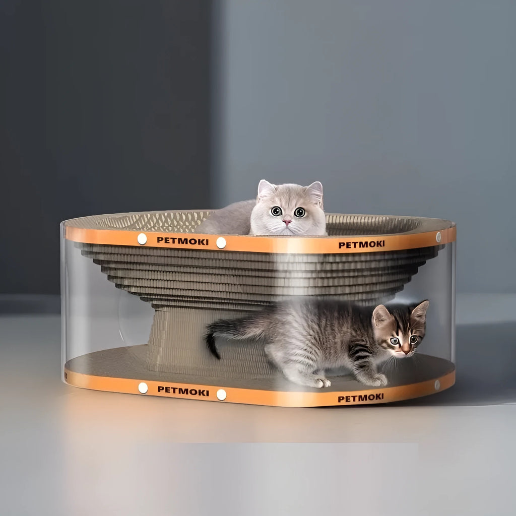 White transparent diamond pattern PVC cat tunnel attached to a corrugated cardboard scratch board, 58cm long.