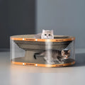 White transparent diamond pattern PVC cat tunnel attached to a corrugated cardboard scratch board, 58cm long.