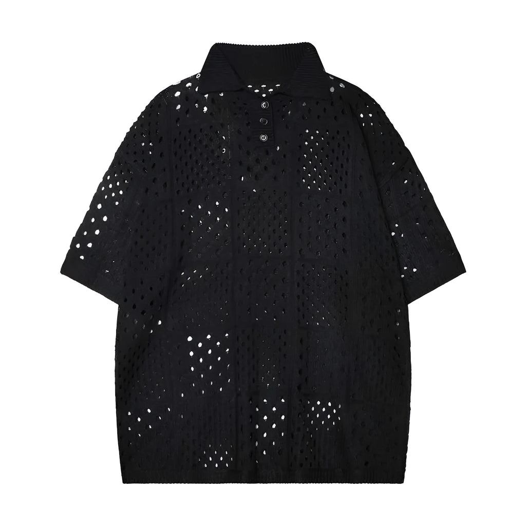 Men's solid colour short-sleeved polo shirt with a hollow knit texture and loose fit.