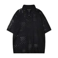 Men's solid colour short-sleeved polo shirt with a hollow knit texture and loose fit.