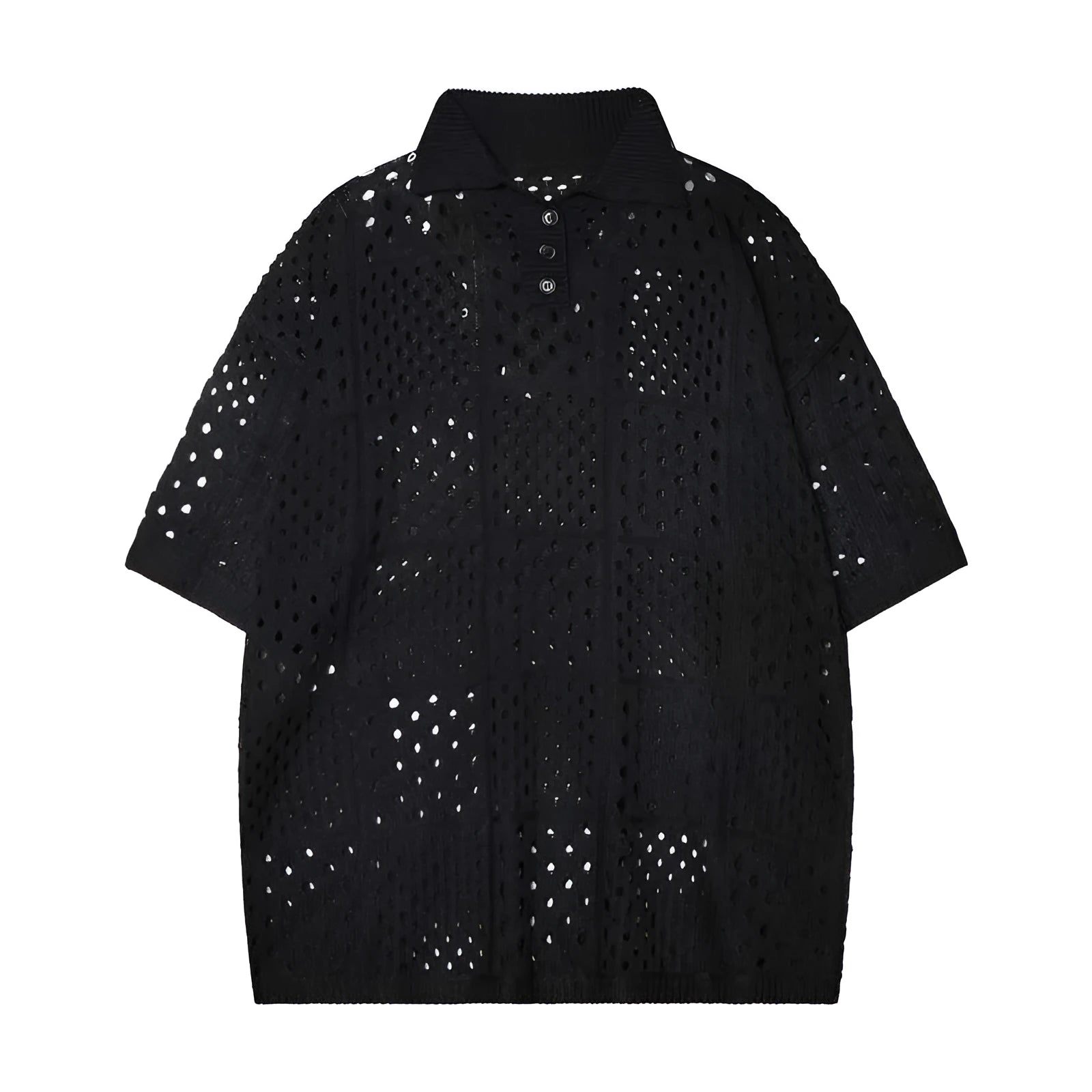 Men's solid colour short-sleeved polo shirt with a hollow knit texture and loose fit.
