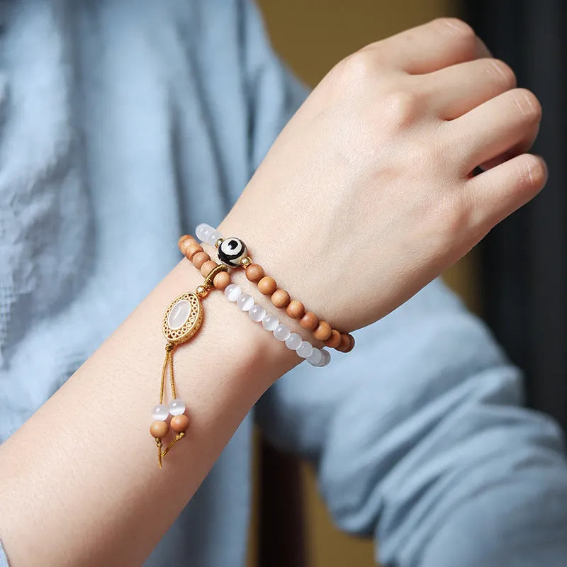 Sandalwood opal double ring bracelet with polished Tibetan beads and retro styling