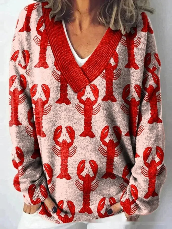 Women's V-neck sweatshirt with 3D floral pattern in art retro style
