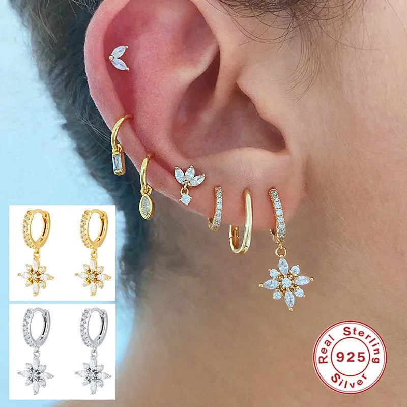 Sterling silver snowflake pendant earrings with gemstone accents in white gold or yellow gold colour options