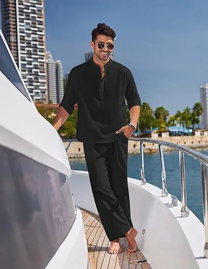 Men's cotton casual trousers suit two-piece set in solid colour with long sleeves