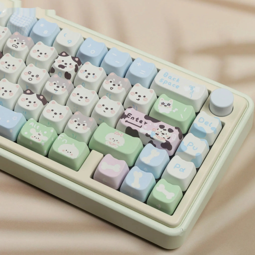 Full set of colourful PBT key caps for mechanical keyboards featuring cute puppy designs.