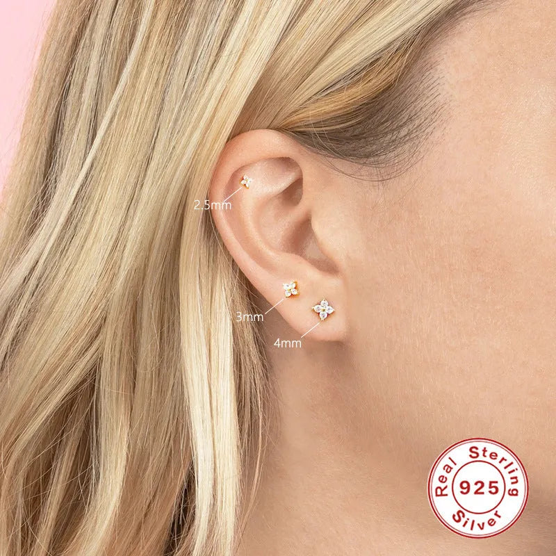 S925 sterling silver geometric petal flower stud earrings with crystals in gold and platinum finishes