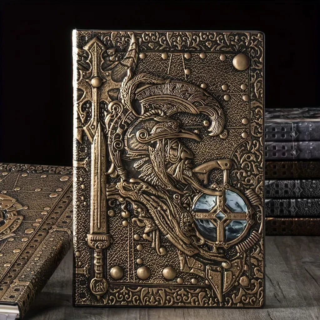 A5 leather notebook with 3D warriors relief embossed design in bronze colour option