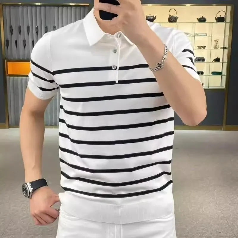 Black and white striped lapel knitted t-shirt pullover on hanger