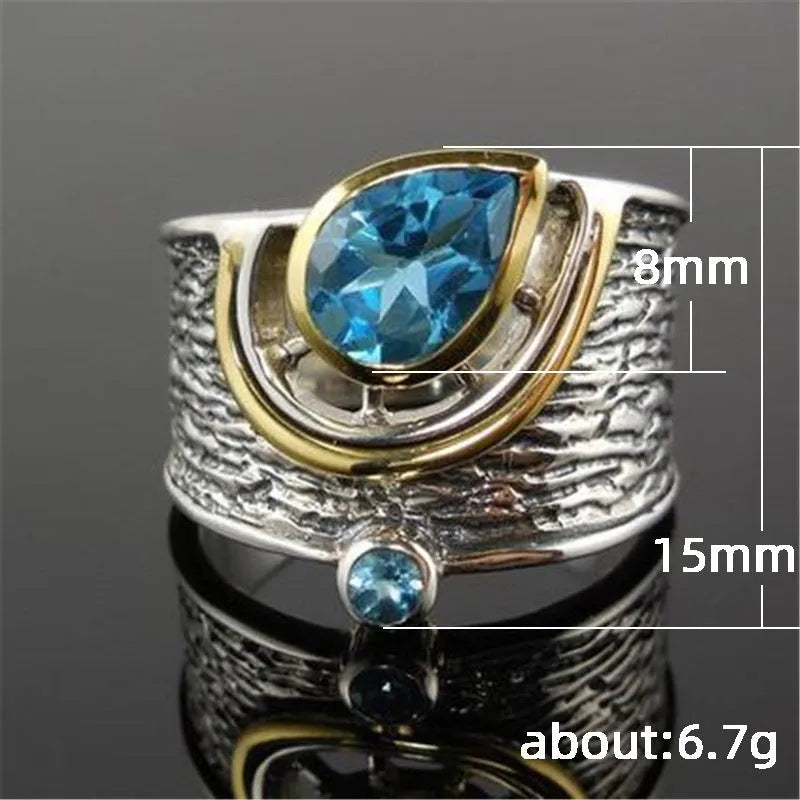 Blue Chinese style alloy ring with inlaid zircon stones in a drop shape, shown in size No.8.