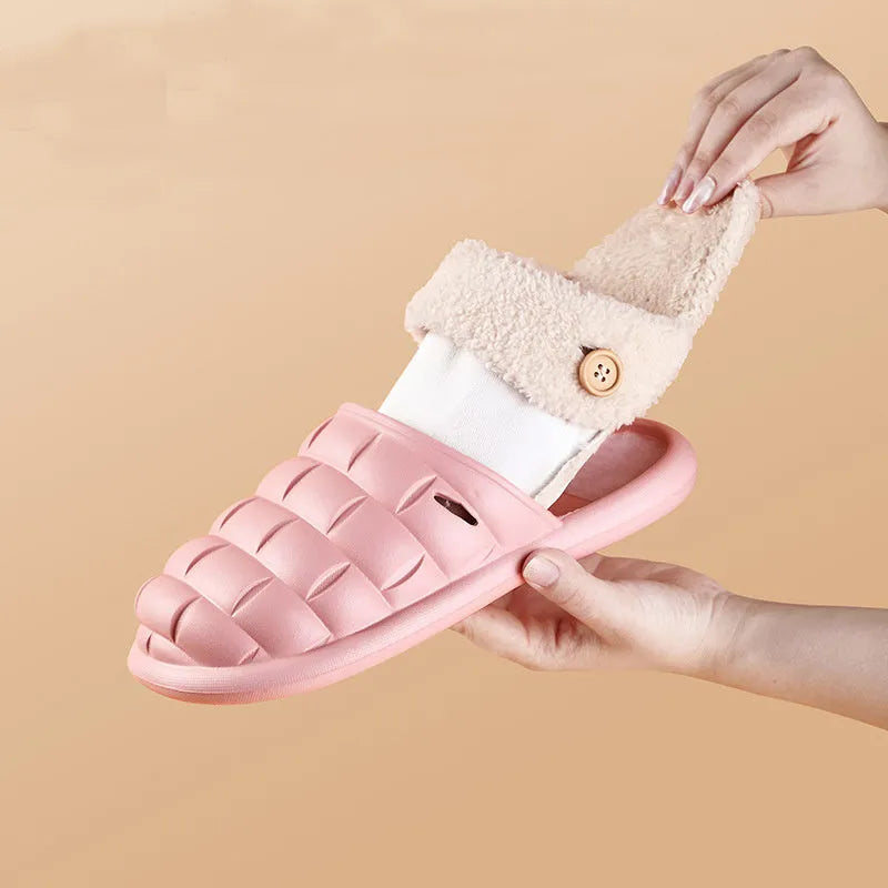 Plaid patterned detachable EVA slippers with plush lining shown in pink, green, yellow, white, grey and black.