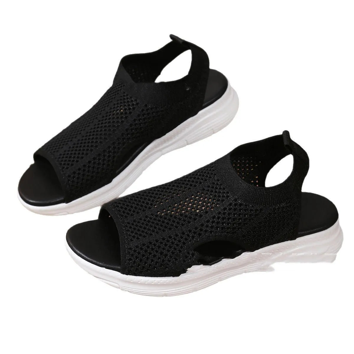 Women's platform sports sandals in black with a flat sole and mesh lining