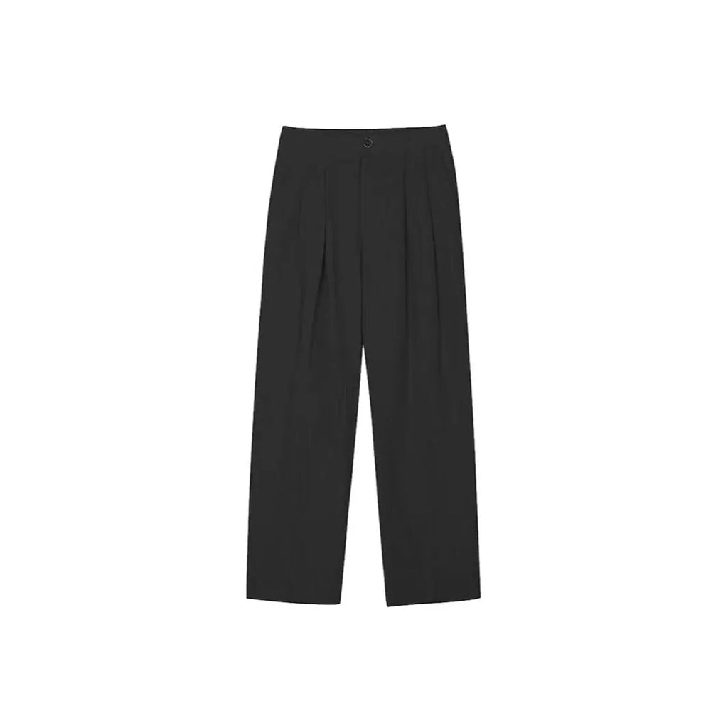 Man wearing loose fit apricot wide-leg cotton linen trousers with a zip fly and straight leg opening.