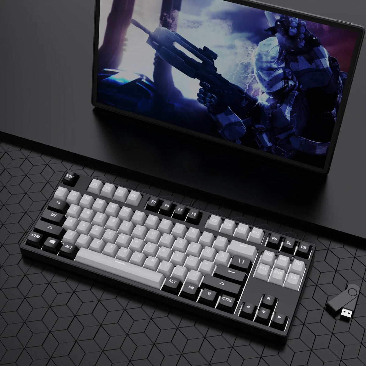 87-key wired mechanical keyboard with hot-swappable switches showing two-tone colour options